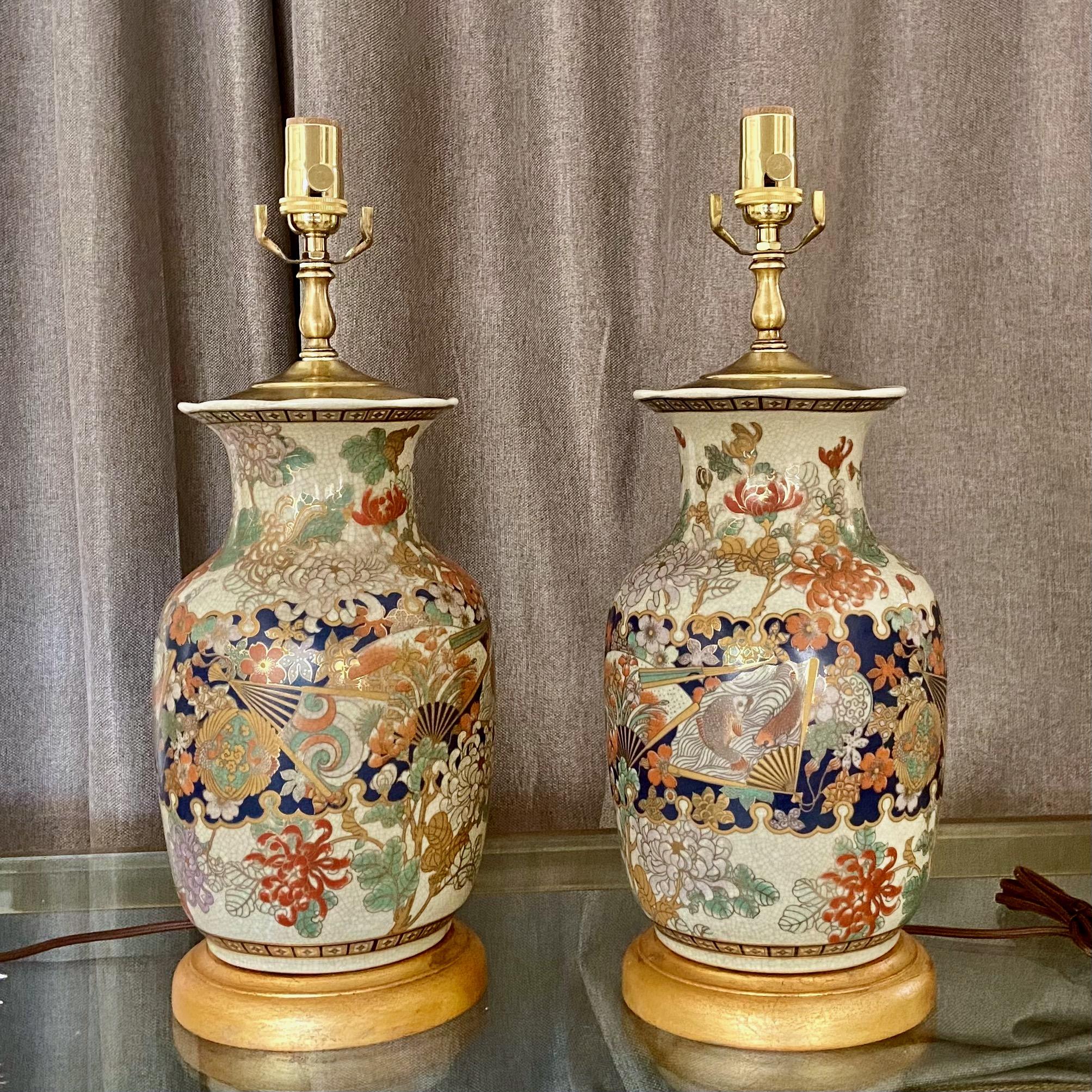 Late 20th Century Pair of Japanese Satsuma Porcelain Table Lamps
