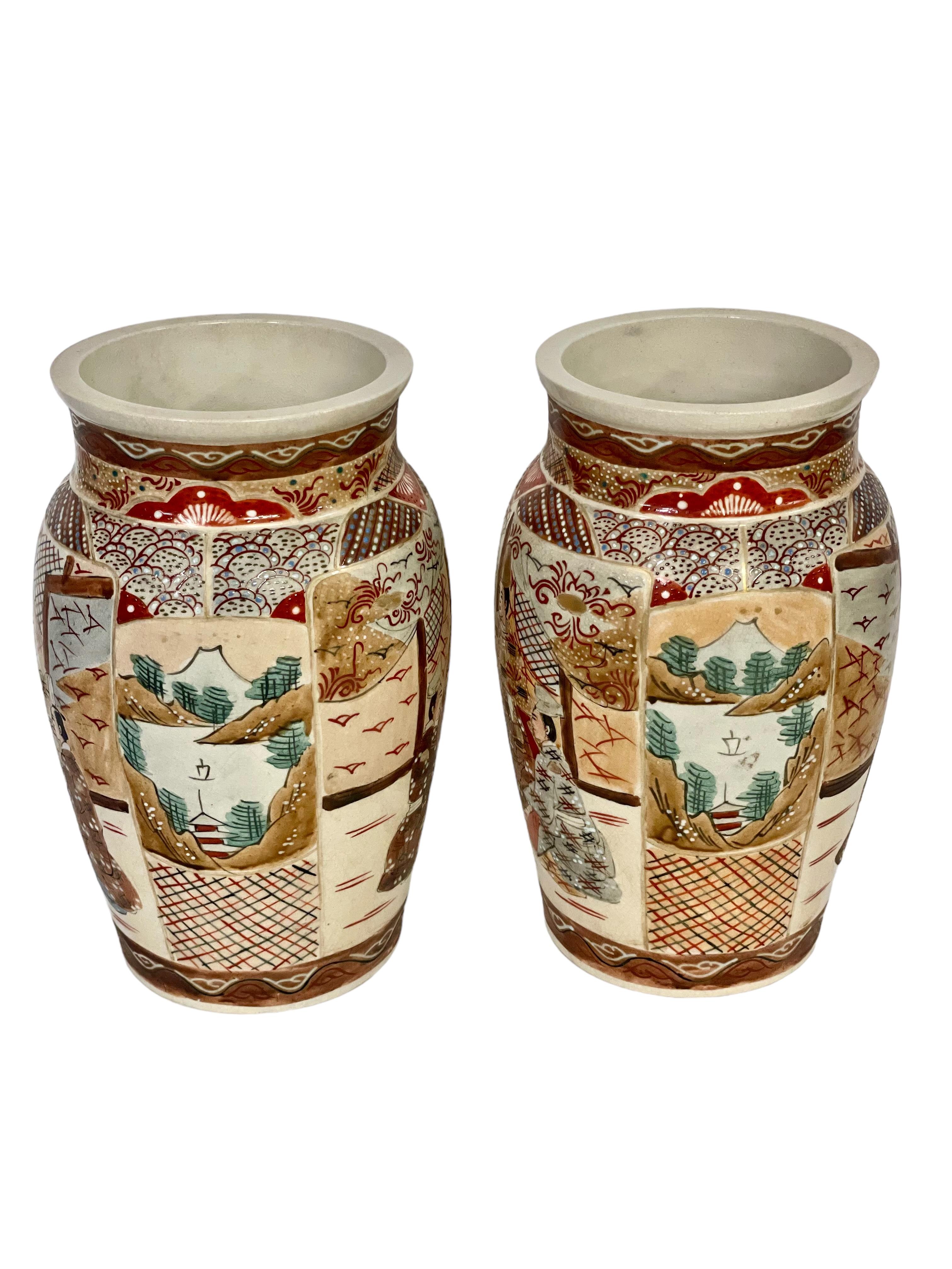 Pair of Japanese Satsuma Shouldered Vases For Sale 1
