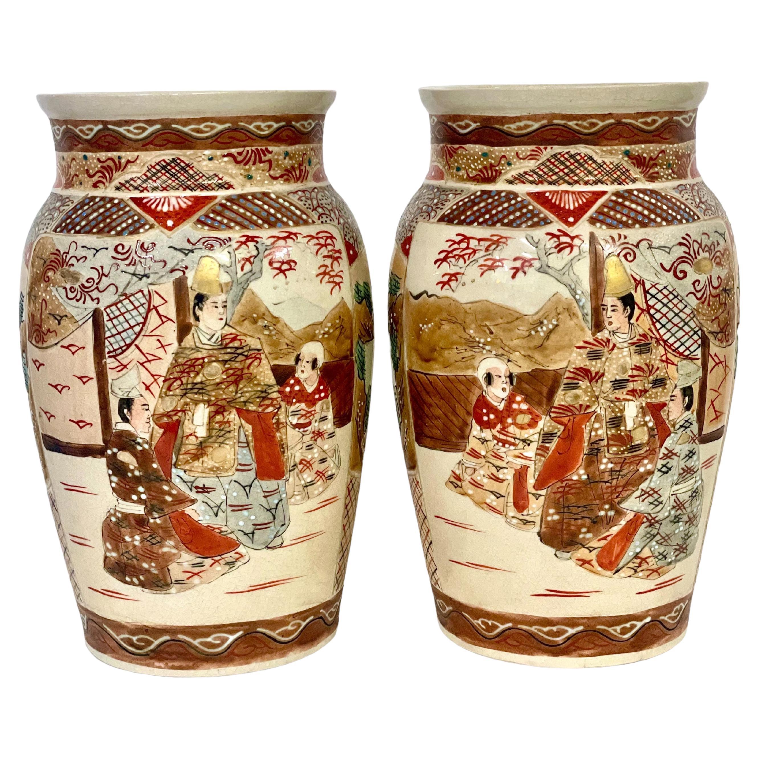 Pair of Japanese Satsuma Shouldered Vases For Sale