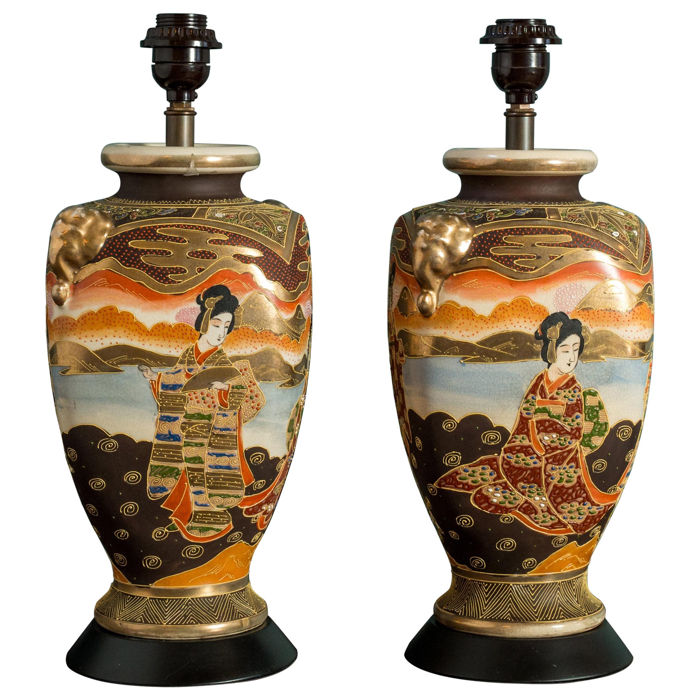 Pair of Japanese Satsuma Table Lamps For Sale