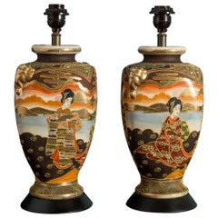 Antique Pair of Japanese Satsuma Table Lamps