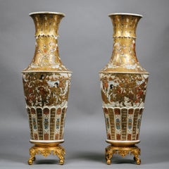 Pair of Japanese Satsuma Vases with Gilt-Bronze Bases, Circa 1900