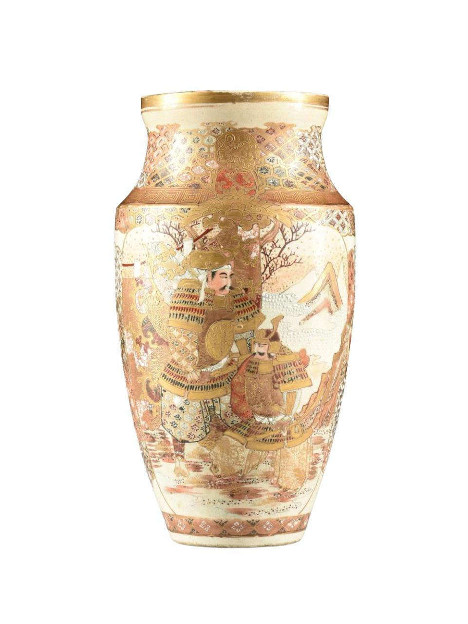 A pair of Japanese Satsuma vases with parcel gilt and enameled decorations from the early 20th century are available for sale. The vases feature gilt mouths, waisted necks, and spiral Greek key collars. The shoulders are sharp and tapering, while