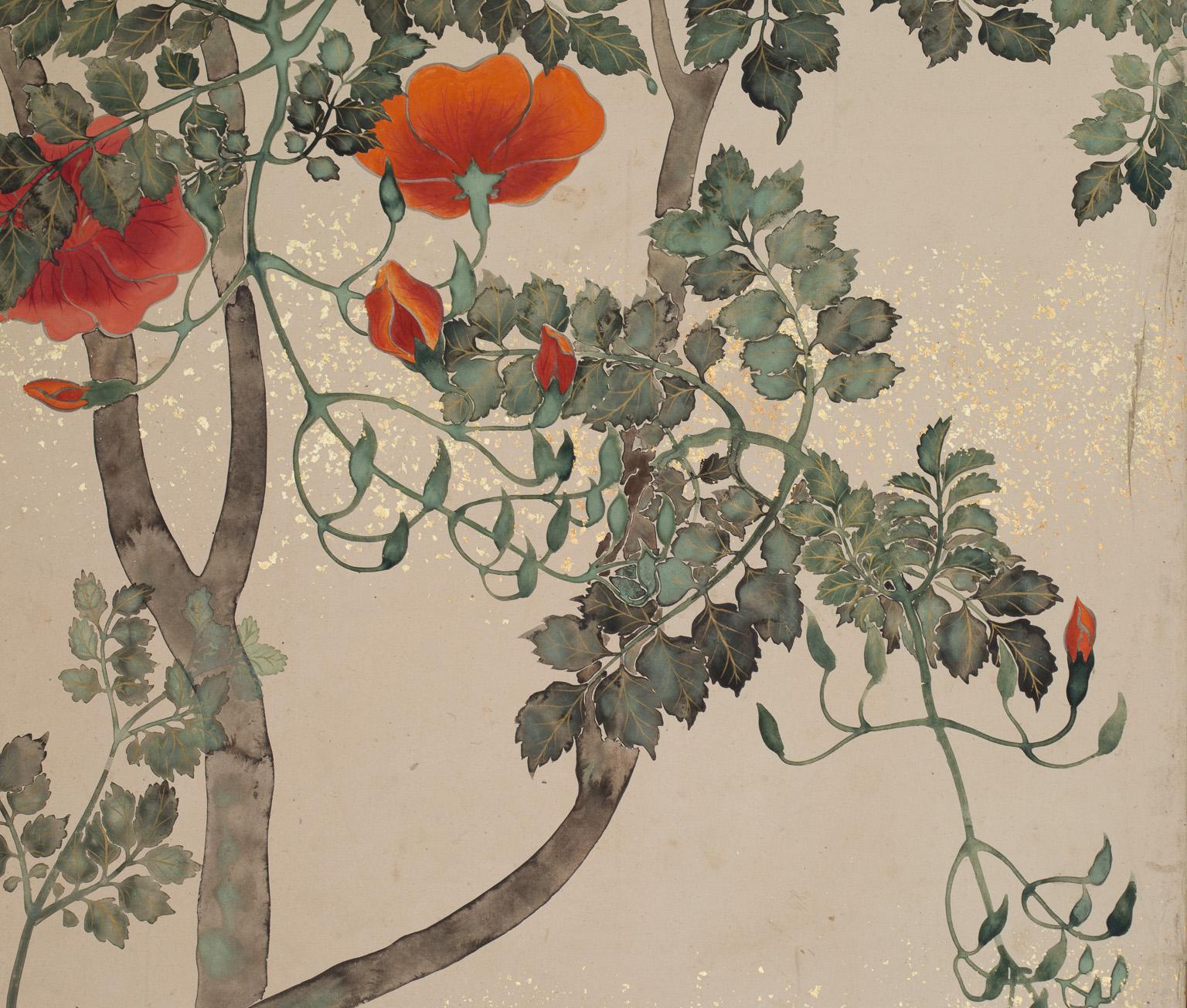 Paar japanische Paravents mit Blumen der Four Seasons, 19. Jahrhundert im Angebot 7