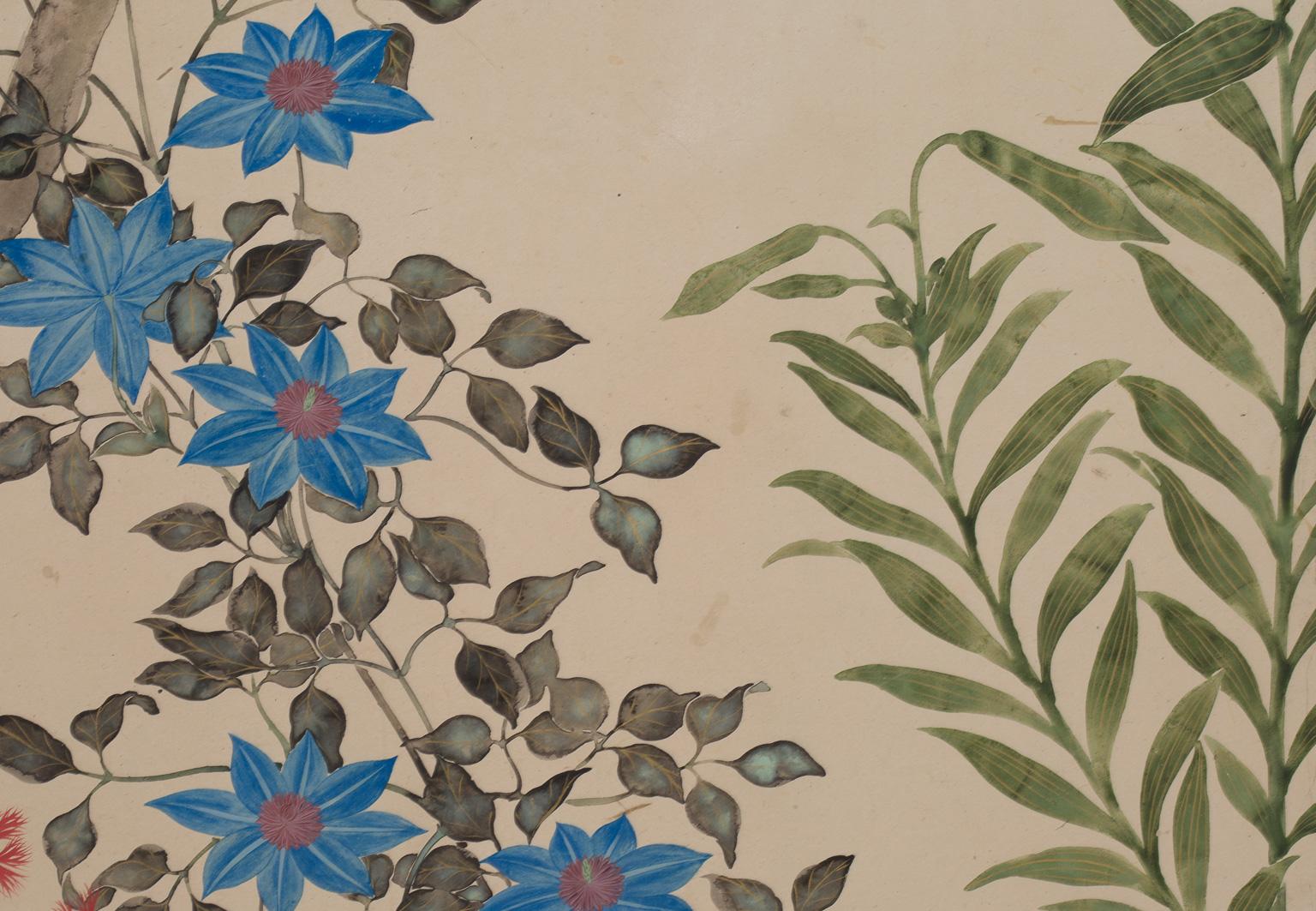 Paar japanische Paravents mit Blumen der Four Seasons, 19. Jahrhundert im Angebot 8