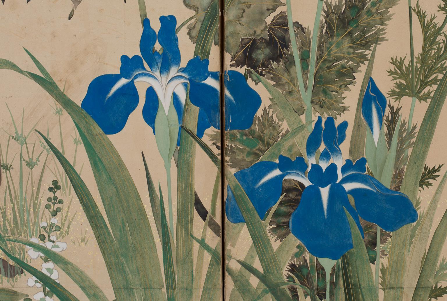 Paar japanische Paravents mit Blumen der Four Seasons, 19. Jahrhundert im Angebot 9