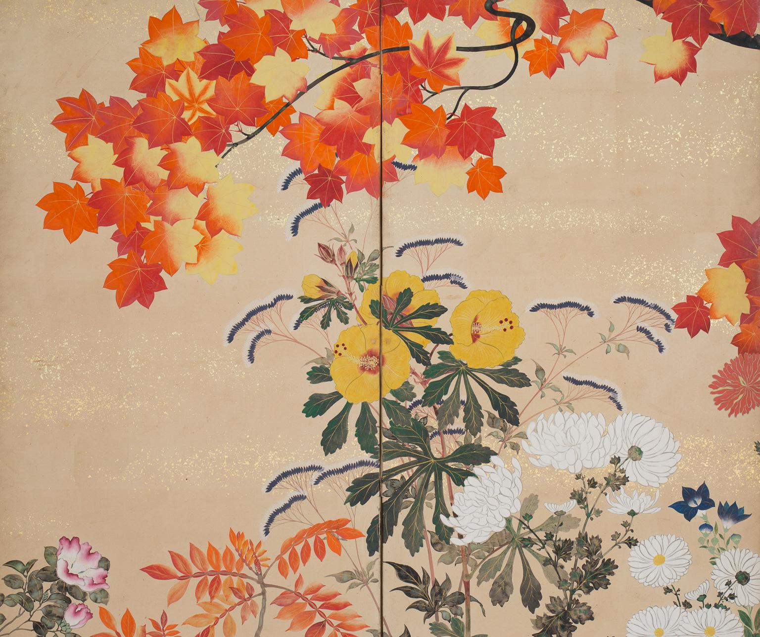 Paar japanische Paravents mit Blumen der Four Seasons, 19. Jahrhundert im Angebot 10
