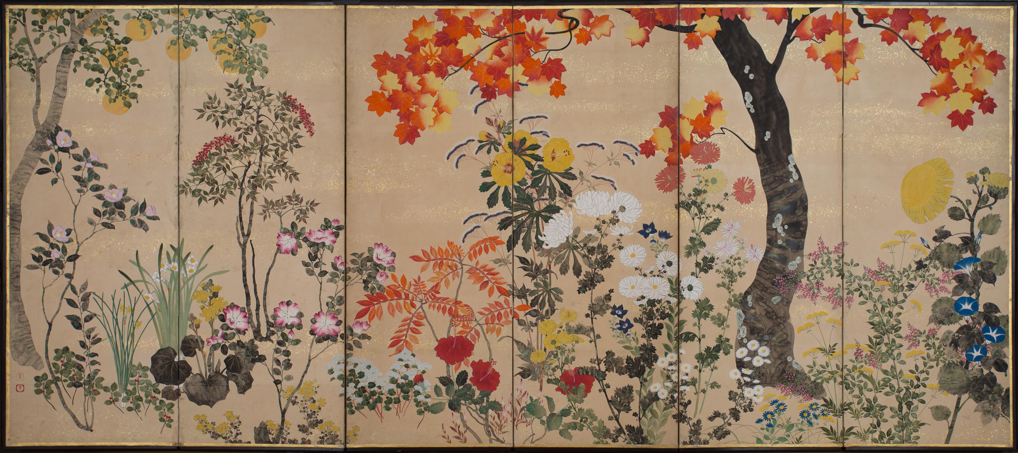 Paar japanische Paravents mit Blumen der Four Seasons, 19. Jahrhundert im Angebot 11