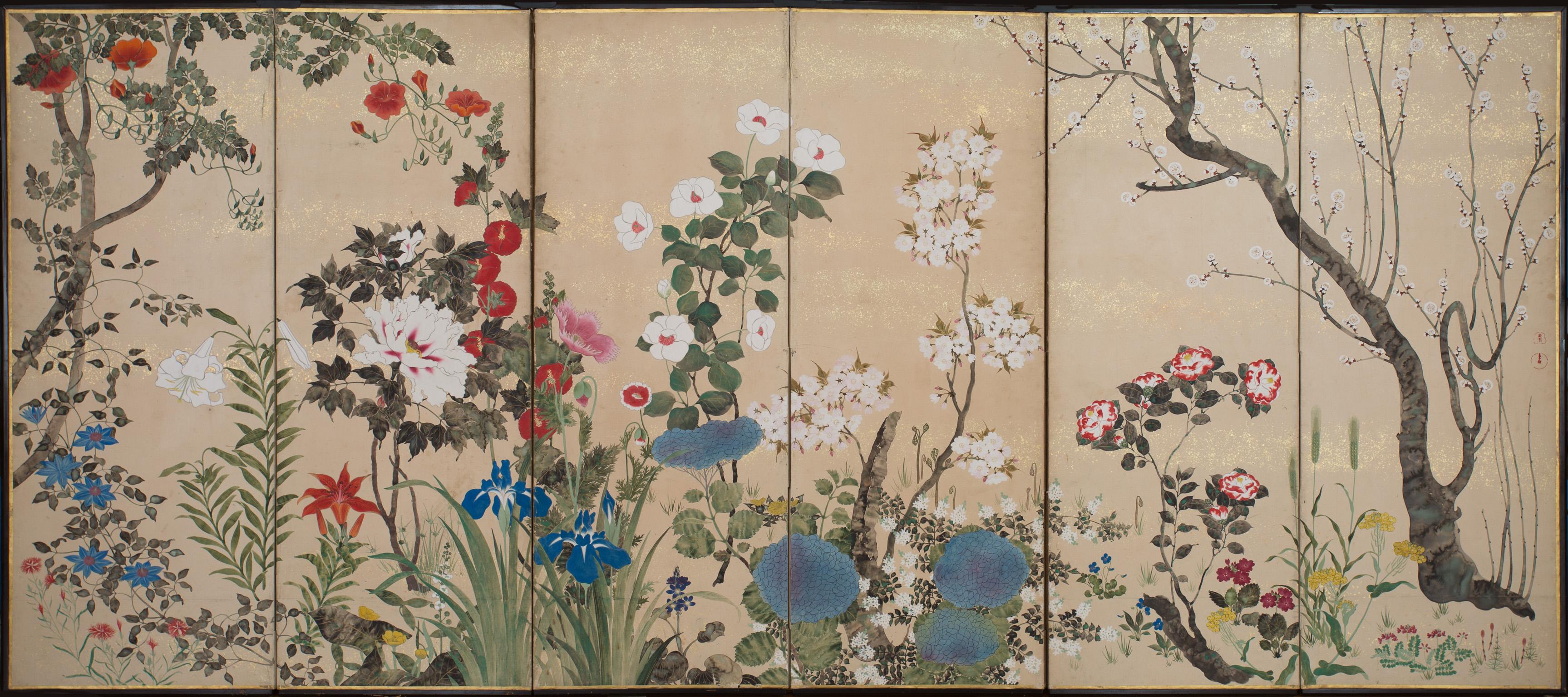 This pair of screens belongs to a genre of lyrical paintings of flowers, grasses, and other plants that flourished around the middle of the 17th century and became a specialty of the Sôtatsu studio. The use of a rather complex composition of