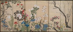 Pair of Japanese Screens with Flowers of the Four Seasons, 19th Century