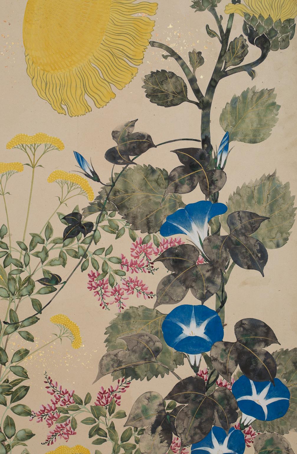 Paar japanische Paravents mit Blumen der Four Seasons, 19. Jahrhundert (Gemalt) im Angebot