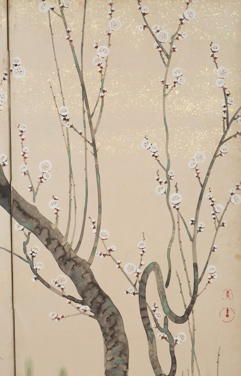 Pair of Japanese Screens with Flowers of the Four Seasons, 19th Century For Sale 1