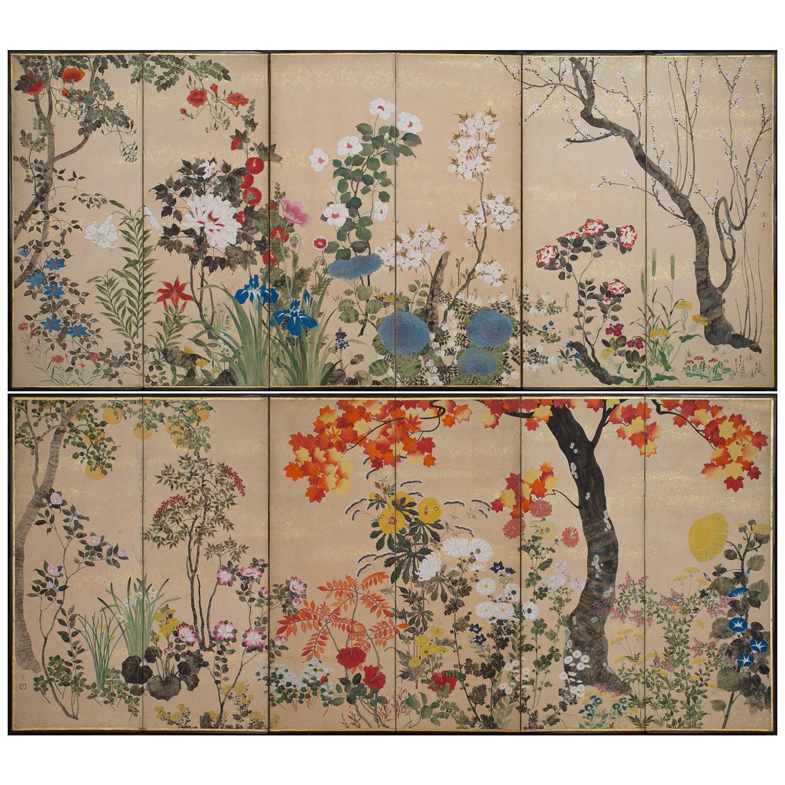 Pair of Japanese Screens with Flowers of the Four Seasons, 19th Century