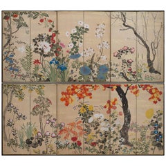 Antique Pair of Japanese Screens with Flowers of the Four Seasons, 19th Century