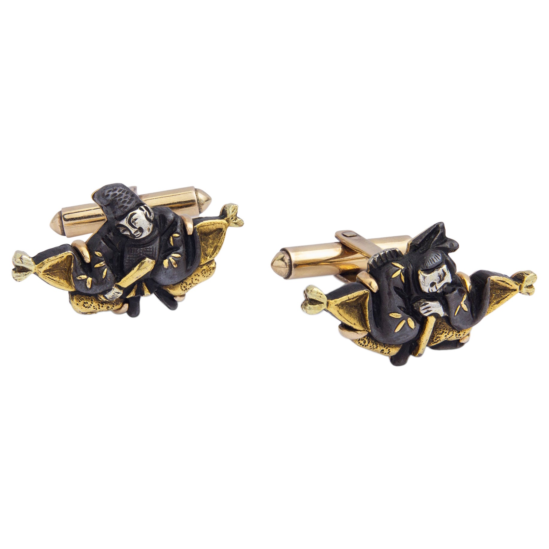Pair of Japanese Shakudo Cufflinks in 14 Karat Gold