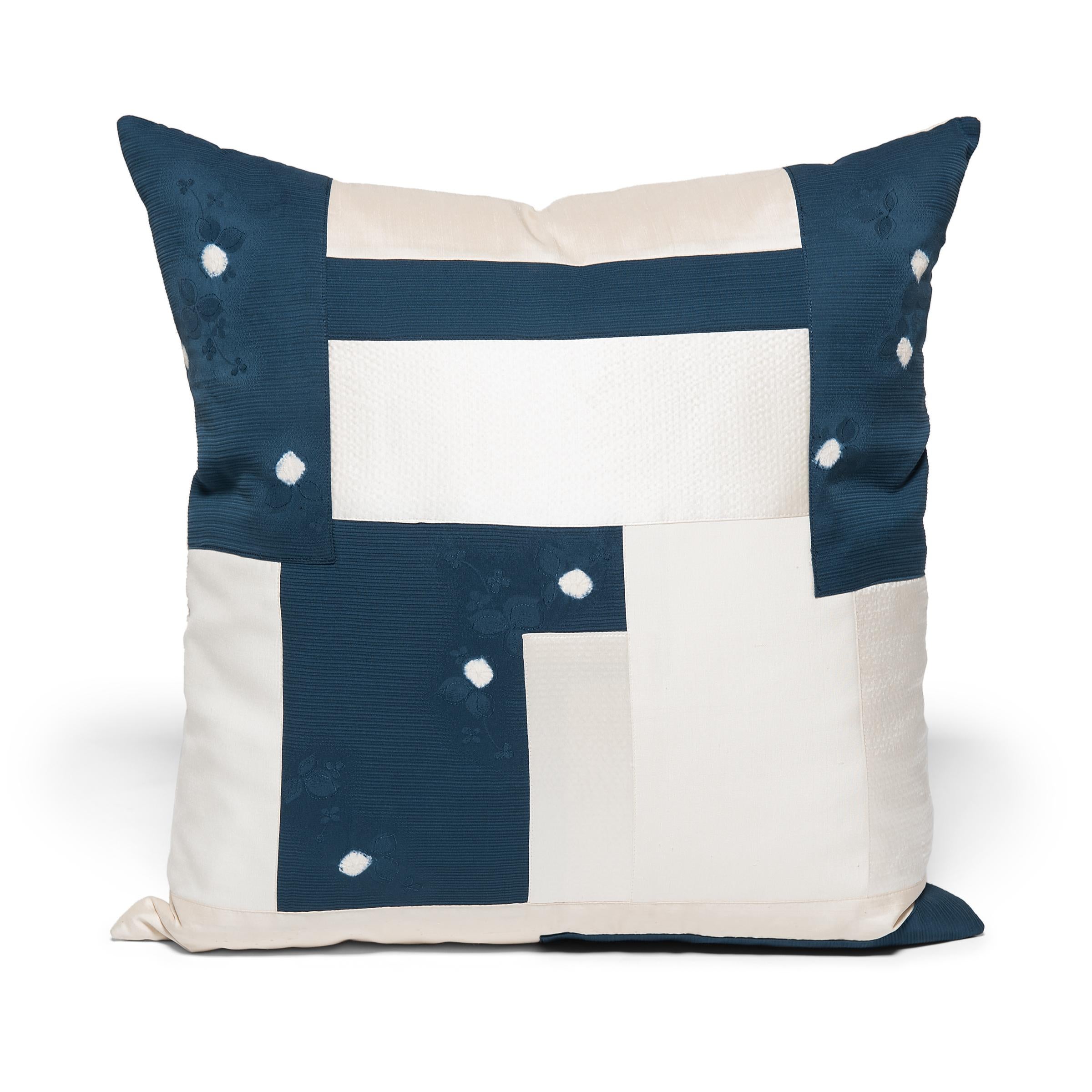 The Chinese and Japanese silk techniques that combine to form this pair of contemporary pillows are fundamental to the formation of contemporary fashion aesthetics. Shibori is an ancient Japanese form of cloth dying and the basis of tie-dye and