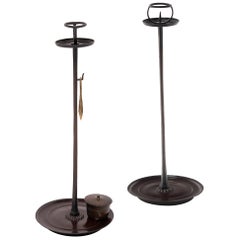 Pair of Japanese Shokudai Candle Stands with Wick Box and Pinchers