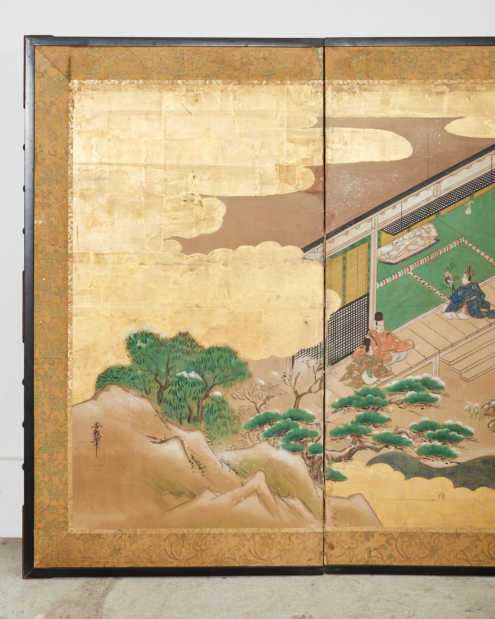 Pair of Japanese Showa Six Panel Screens Tales of Genji For Sale 7