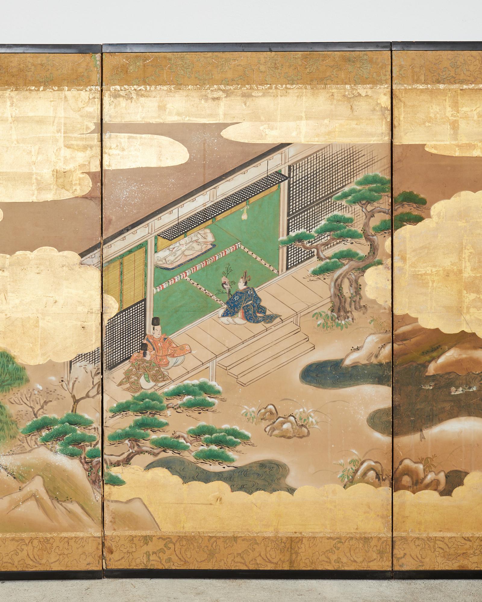 Pair of Japanese Showa Six Panel Screens Tales of Genji For Sale 8