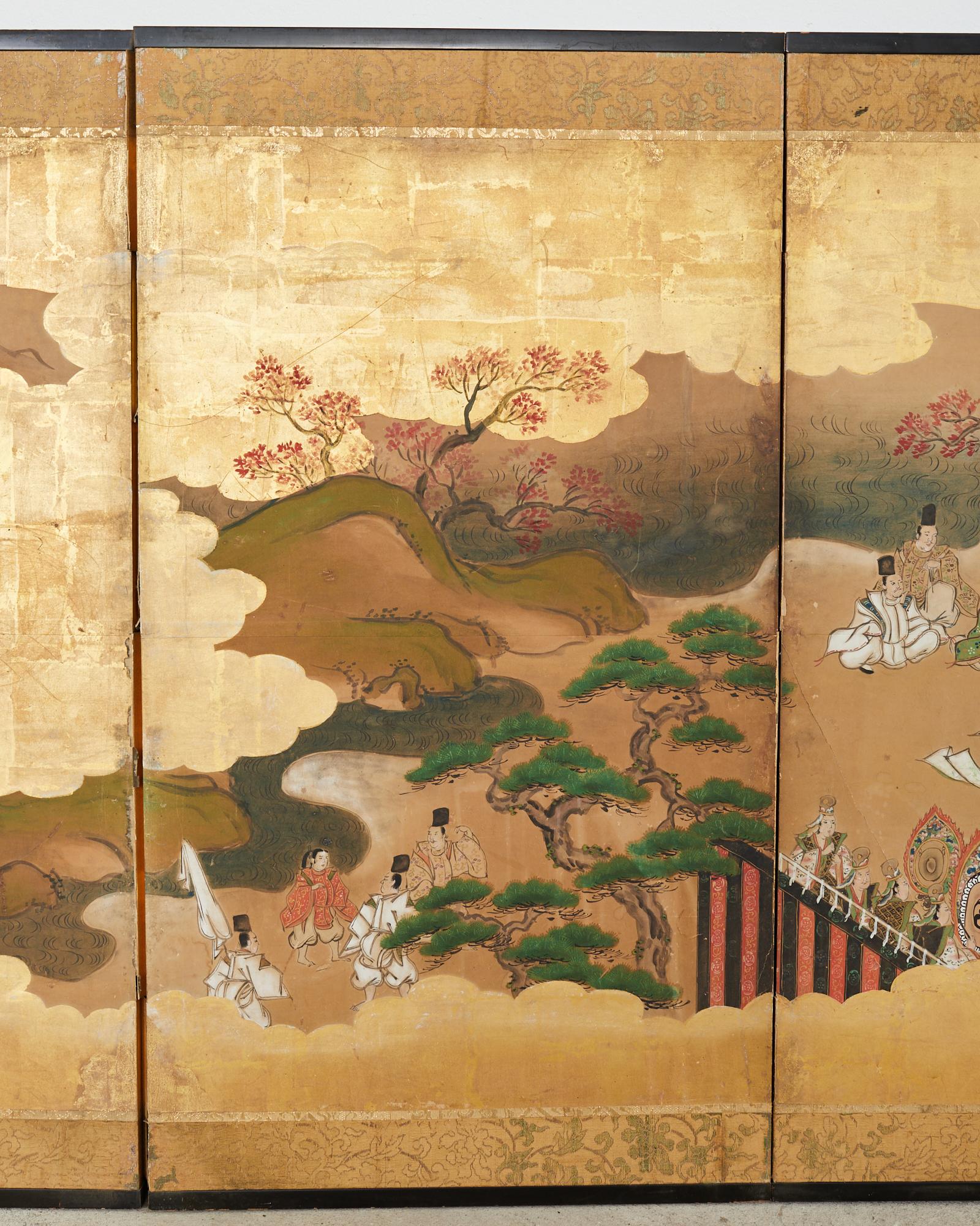 Pair of Japanese Showa Six Panel Screens Tales of Genji For Sale 9