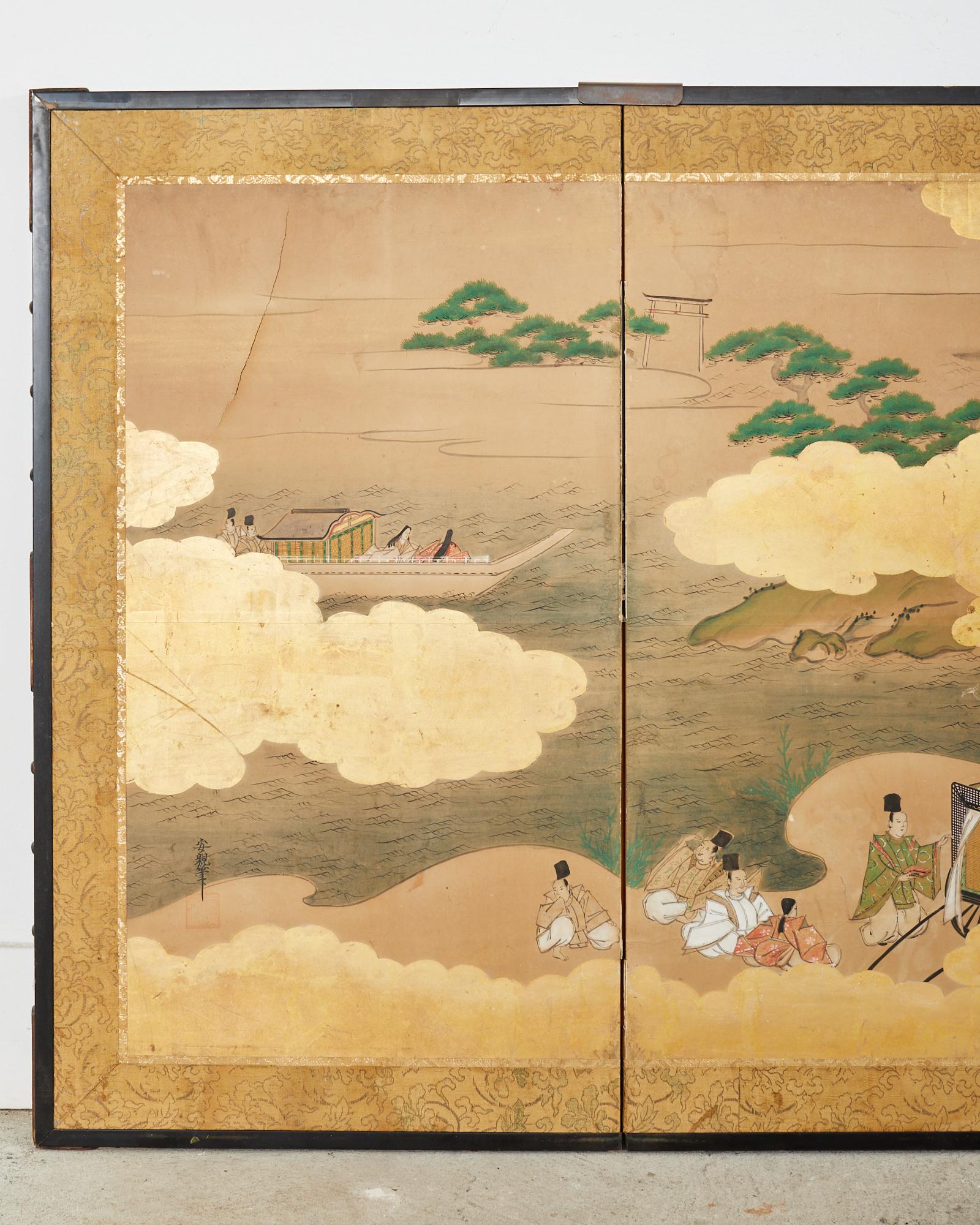Paire de paravents japonais Showa à six panneaux Tales of Genji Abîmé - En vente à Rio Vista, CA