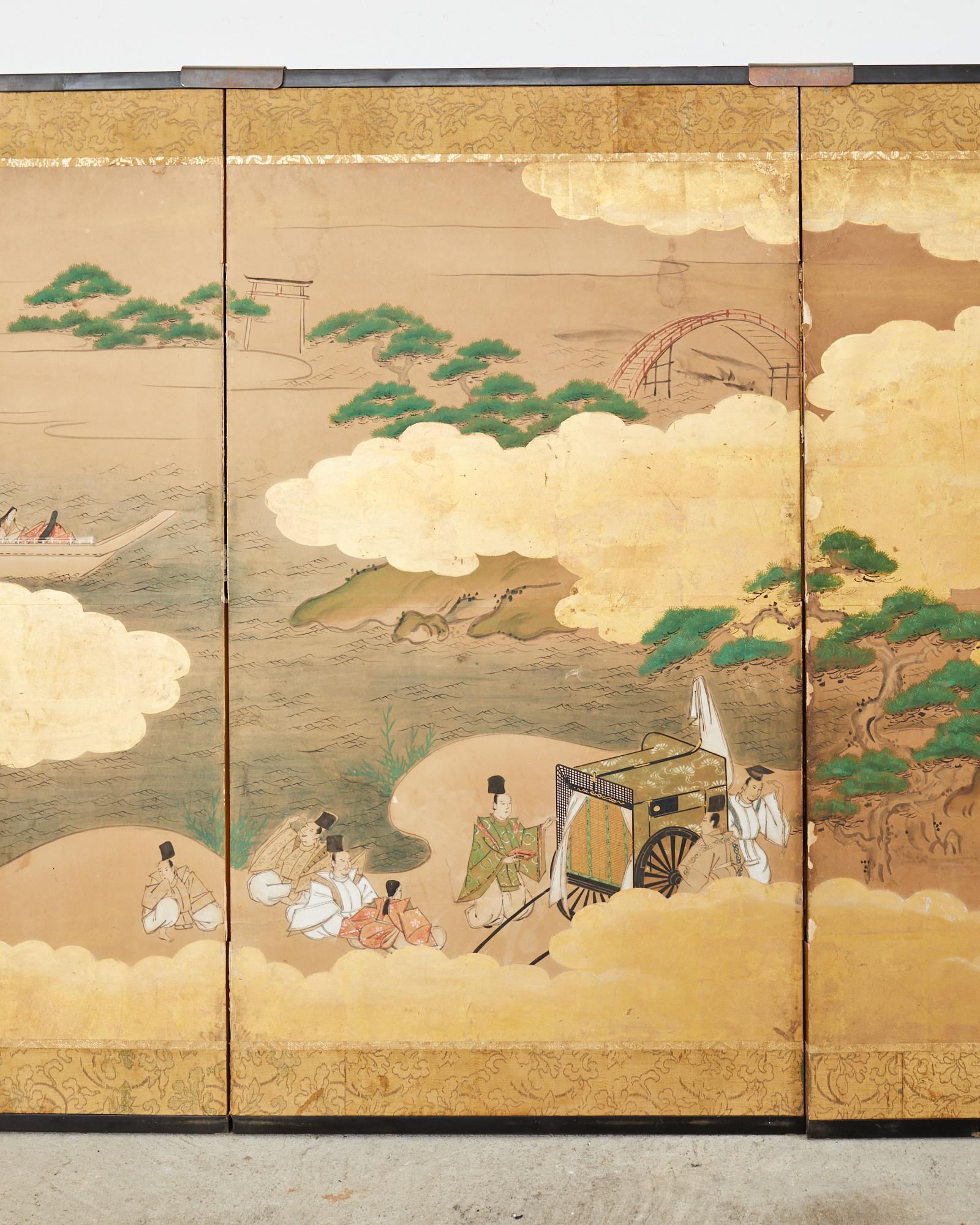 Brass Pair of Japanese Showa Six Panel Screens Tales of Genji For Sale