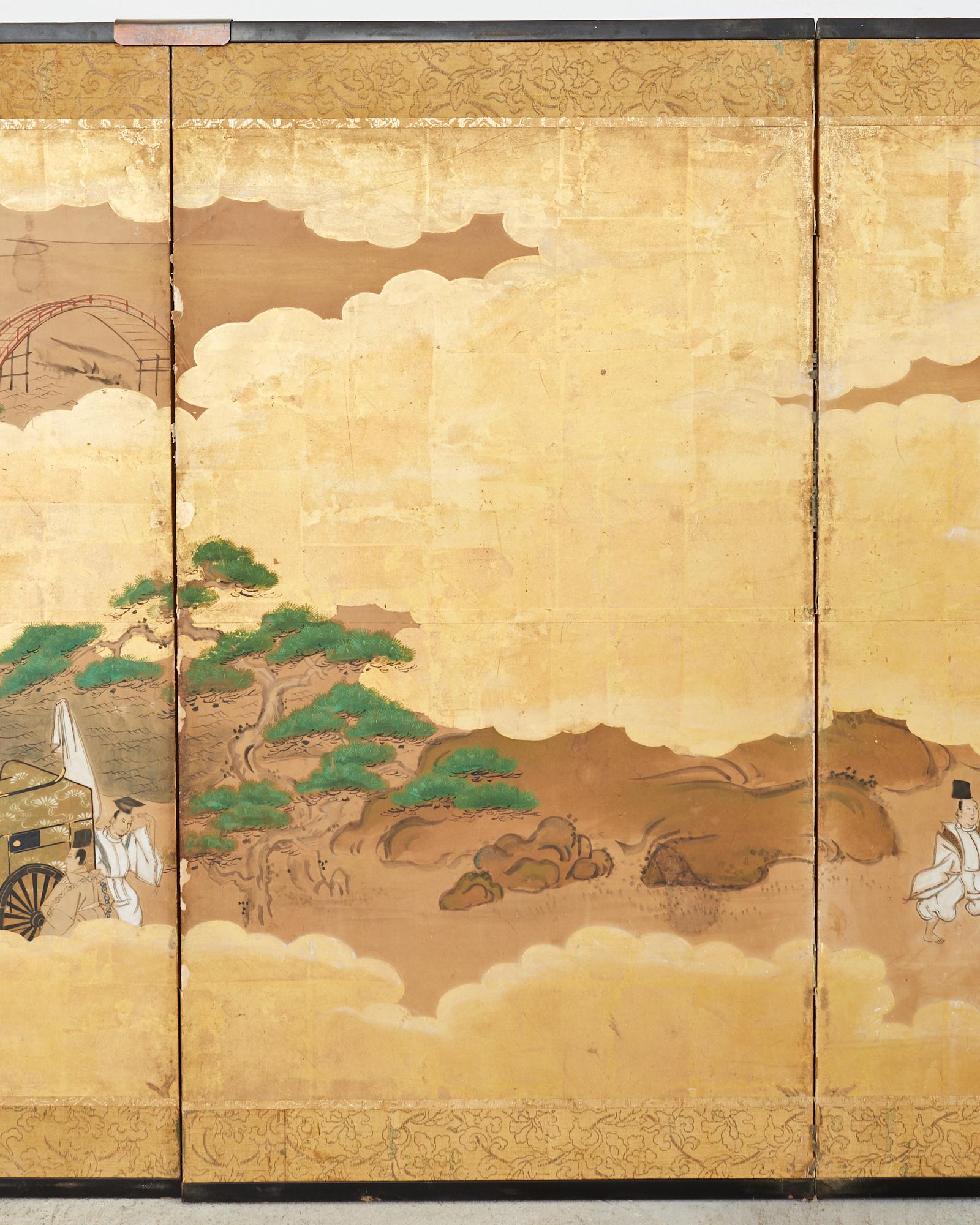 Laiton Paire de paravents japonais Showa à six panneaux Tales of Genji en vente