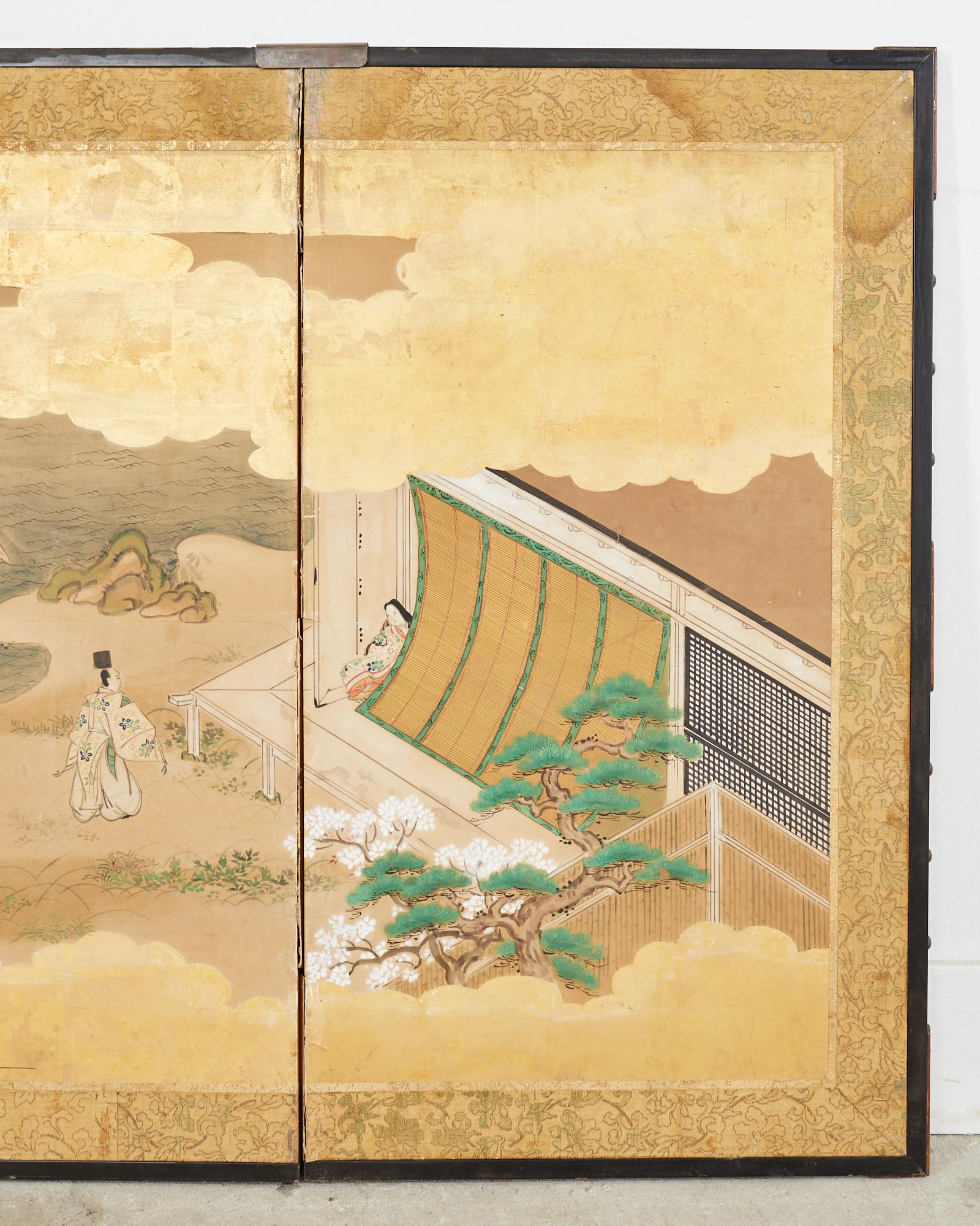 Paar japanische Showa-Raumteiler mit sechs Tafeln und Geschichten aus Genji im Angebot 1