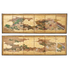 Pair of Japanese Showa Six Panel Screens Tales of Genji