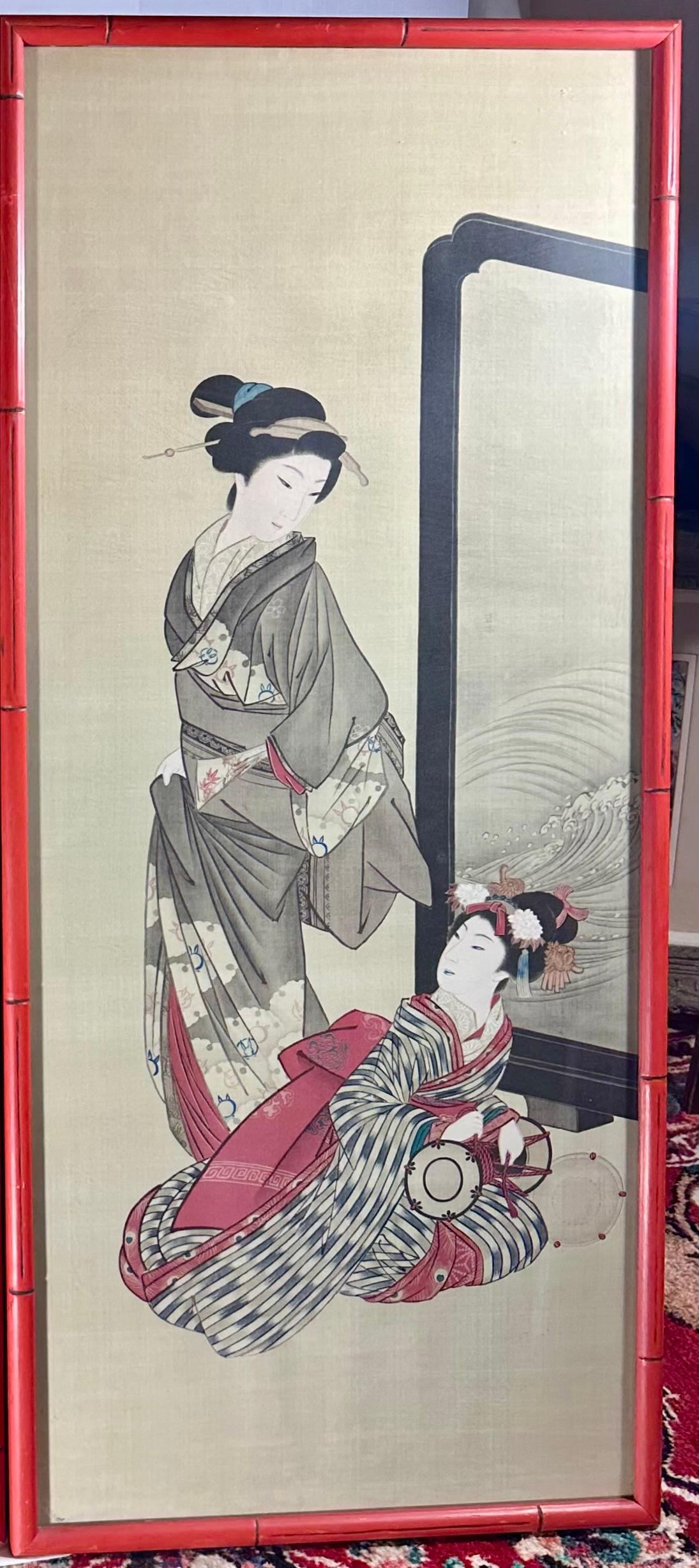 Pair of Japanese Signed Woodblock Prints C. 1910

Pair of rare and large Japanese woodblock prints from the early 20th century. Each of the original prints depicts court ladies in ceremonial robes. The woodblock prints have good color and are signed