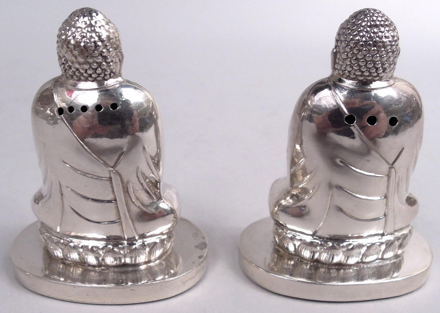 Pair of Japanese Silver Figural Buddha Salt & Pepper Shakers In Good Condition For Sale In New York, NY