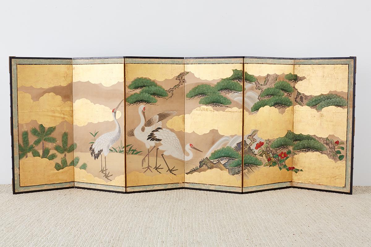 Pair of Japanese Six Panel Meiji Crane Landscape Screens 6