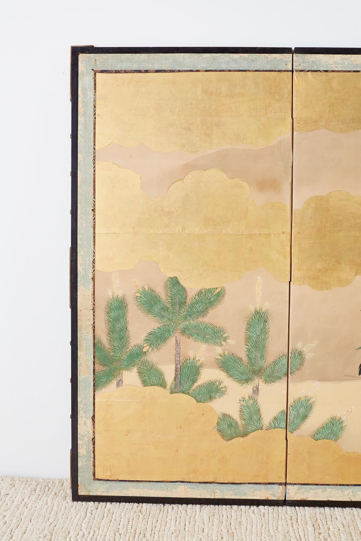 Pair of Japanese Six Panel Meiji Crane Landscape Screens 7