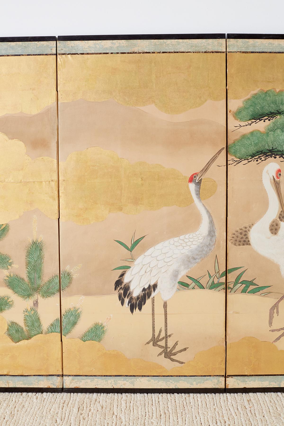 Pair of Japanese Six Panel Meiji Crane Landscape Screens 8