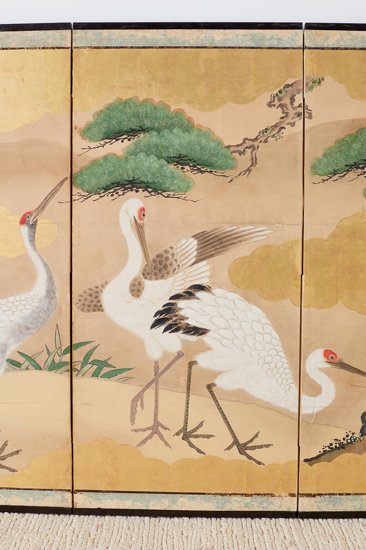 Pair of Japanese Six Panel Meiji Crane Landscape Screens 9