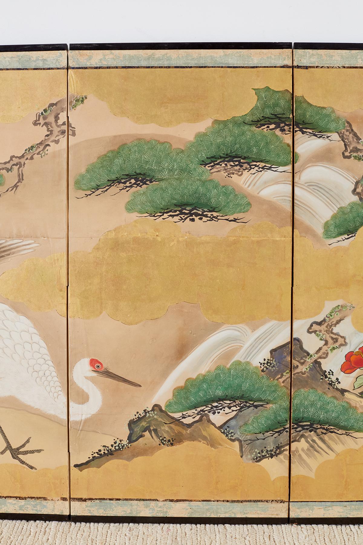 Pair of Japanese Six Panel Meiji Crane Landscape Screens 10