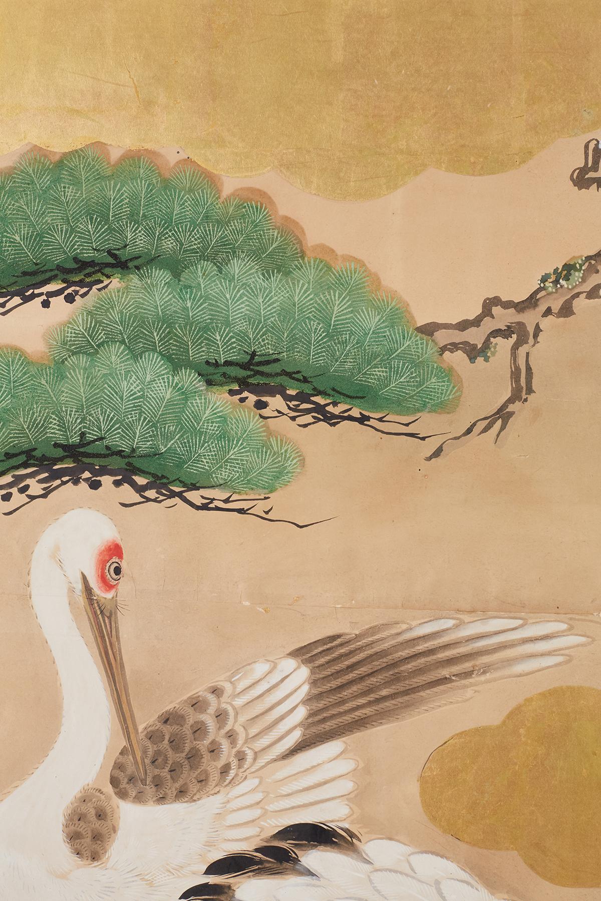 Pair of Japanese Six Panel Meiji Crane Landscape Screens 12