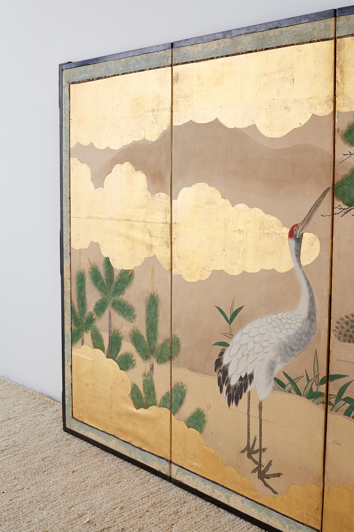 Pair of Japanese Six Panel Meiji Crane Landscape Screens 13