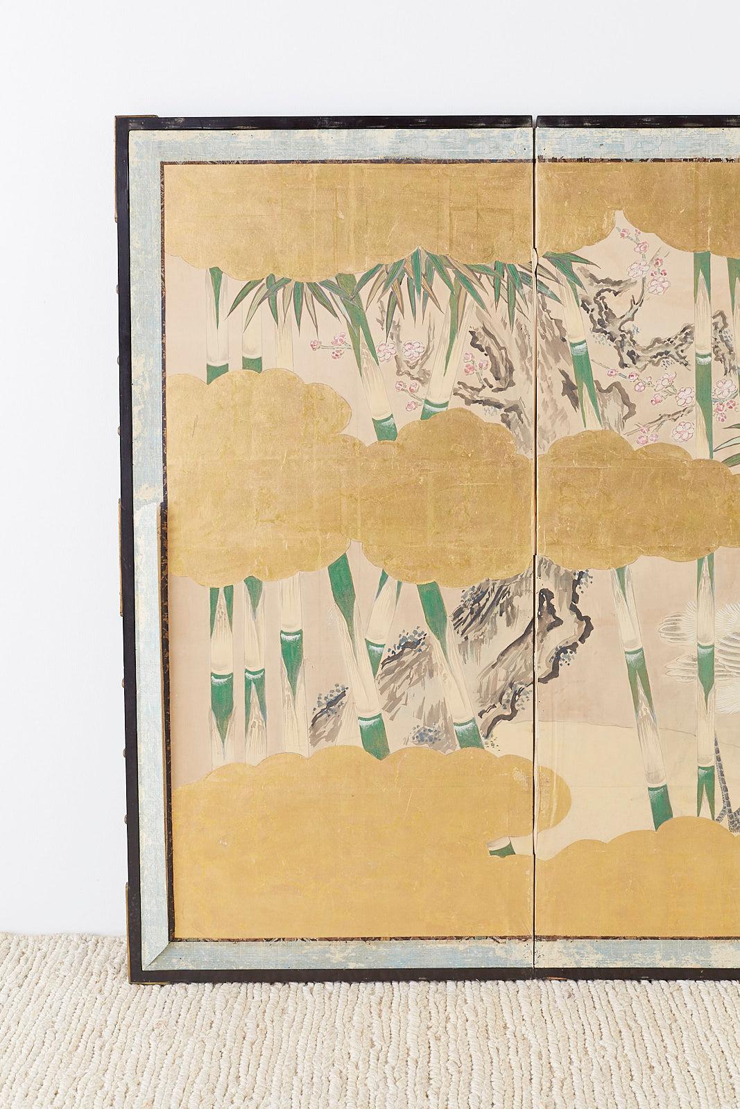 Pair of Japanese Six Panel Meiji Crane Landscape Screens In Distressed Condition In Rio Vista, CA