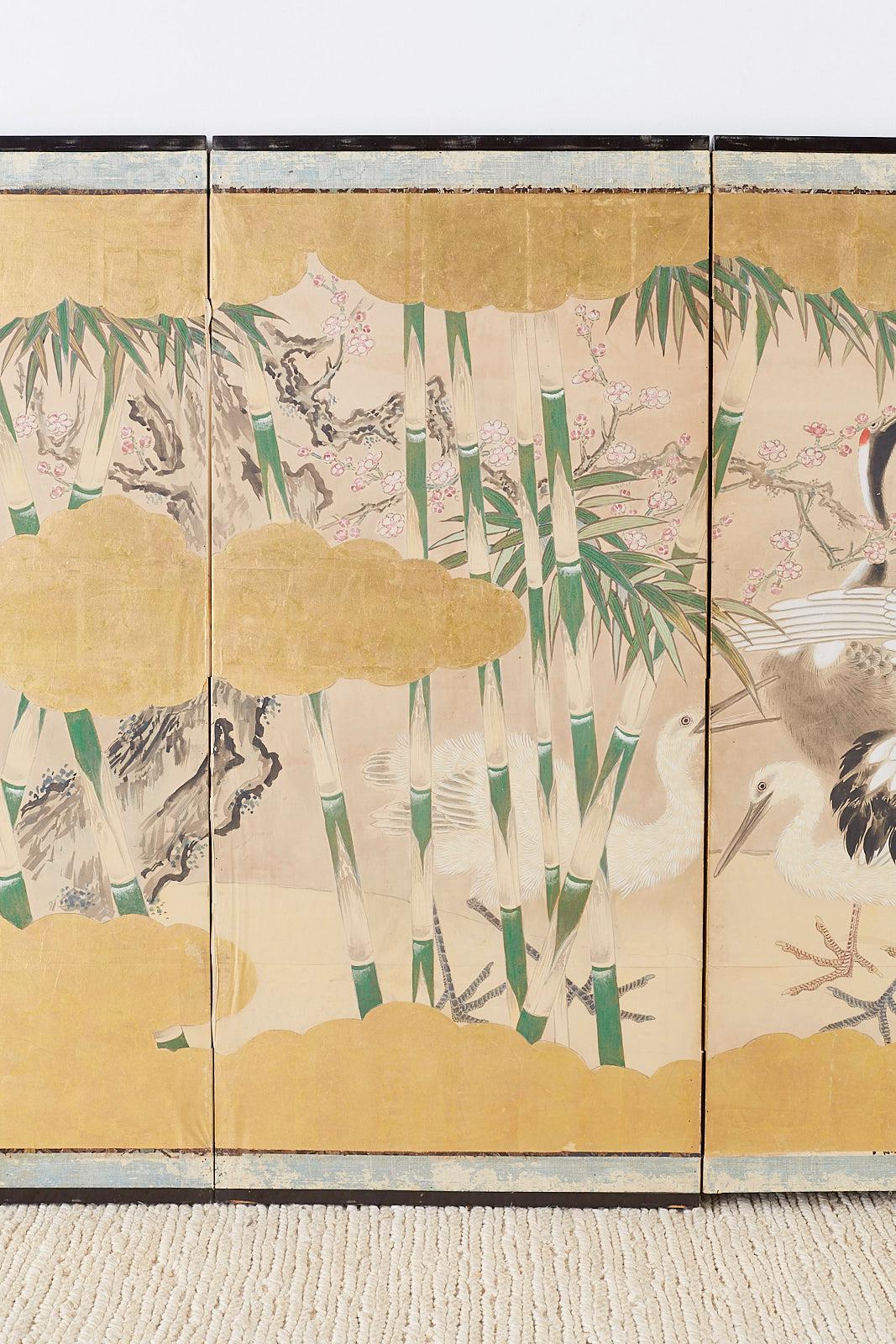 Paar japanische Sechs-Panel-Meiji-Kranich-Landschaftsbildschirme (Radiert)