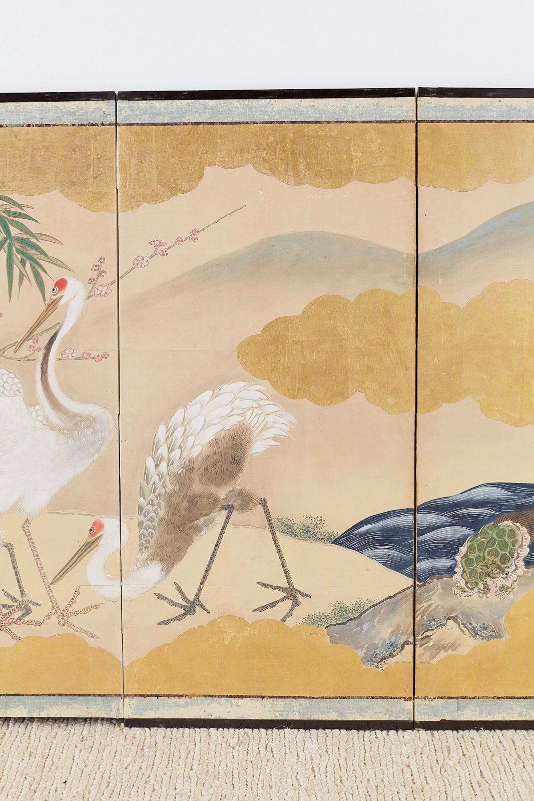 Pair of Japanese Six Panel Meiji Crane Landscape Screens 1
