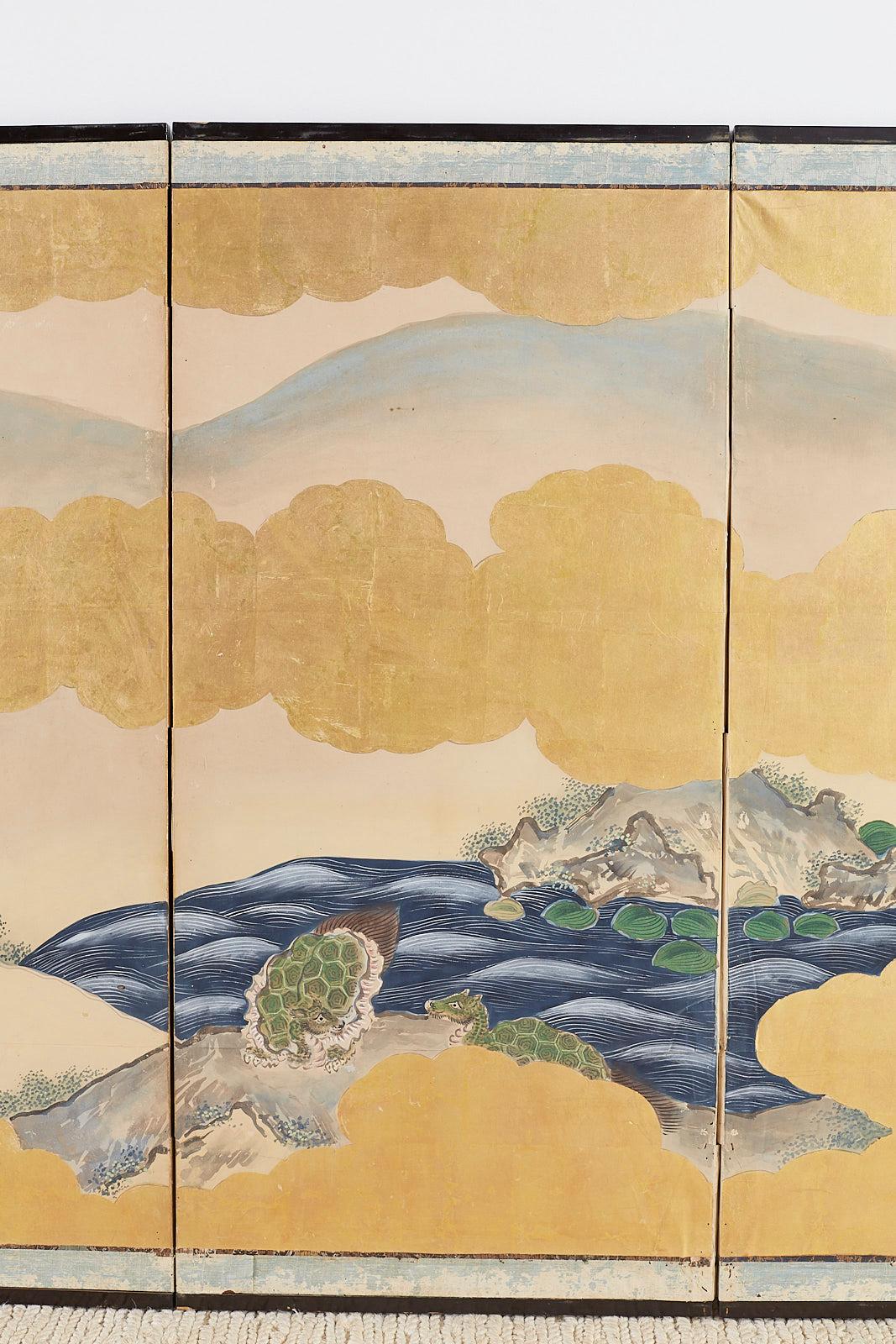 Paar japanische Sechs-Panel-Meiji-Kranich-Landschaftsbildschirme (Messing)