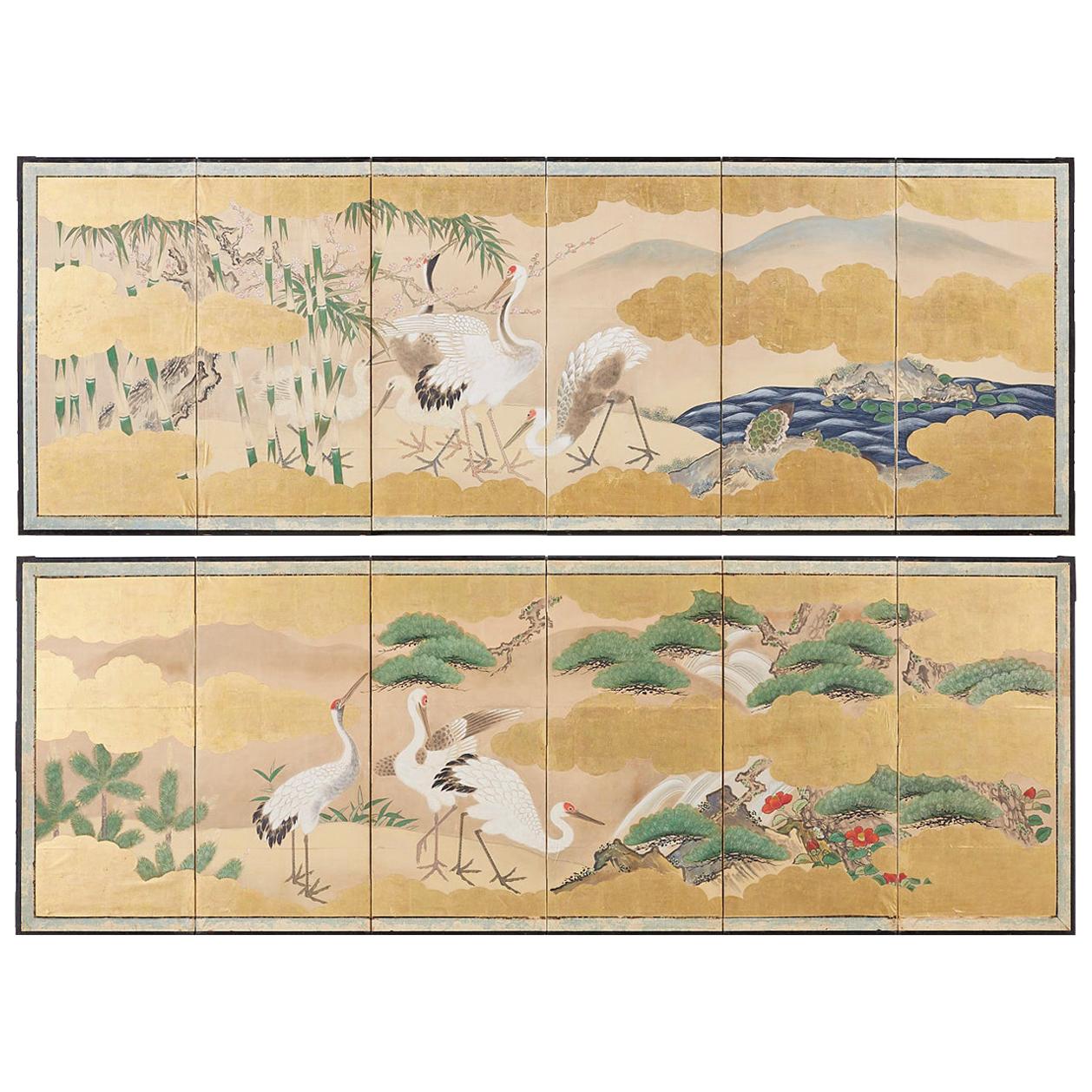 Pair of Japanese Six Panel Meiji Crane Landscape Screens