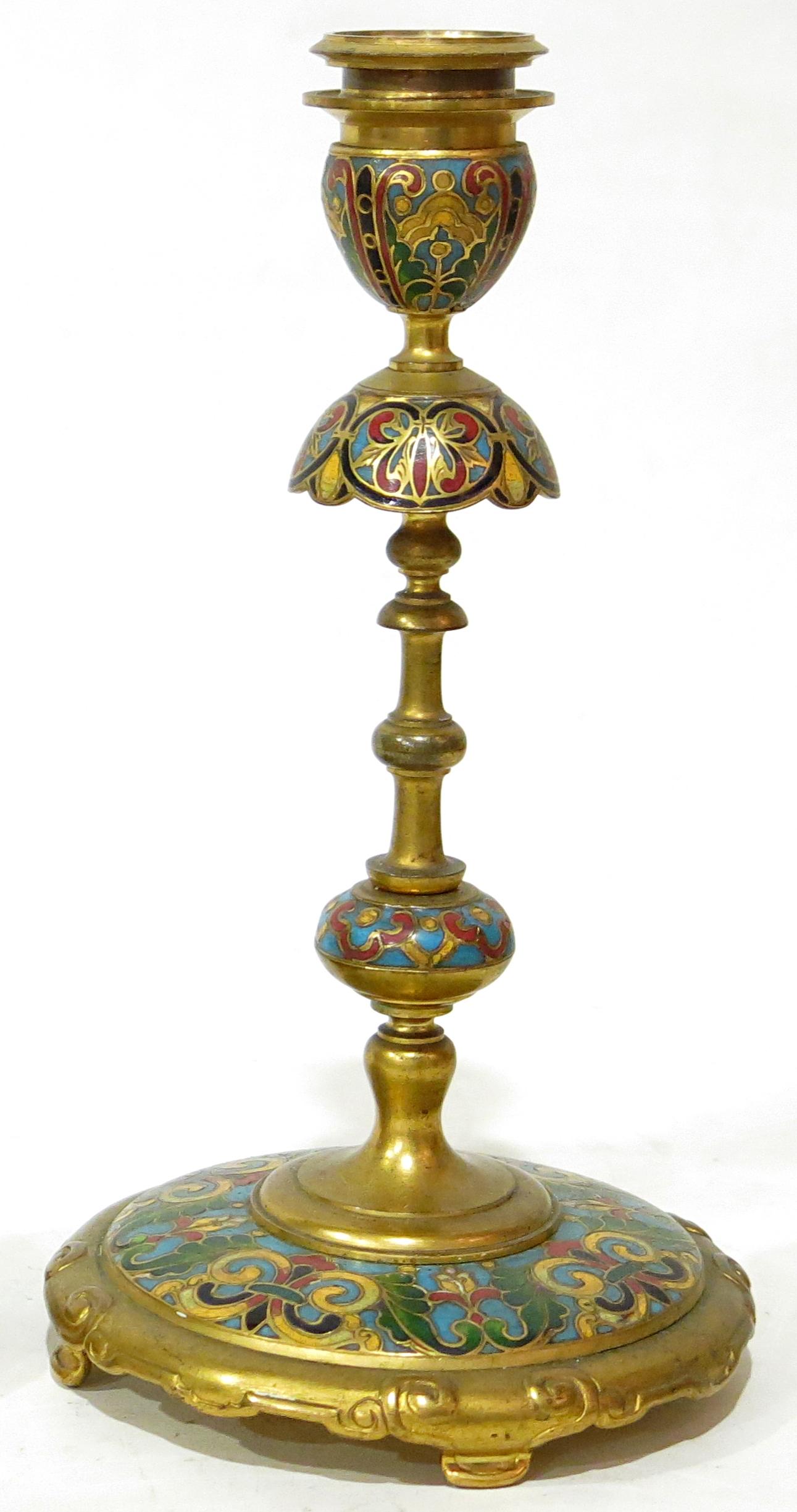 Very fine pair of candlesticks by the prestigious Maison Barbedienne, manufacturer, editor and founder. These two candlesticks are made out of gilt bronze and champlevé enamel with really fine polychrom effects. Turned candlesticks decorated with
