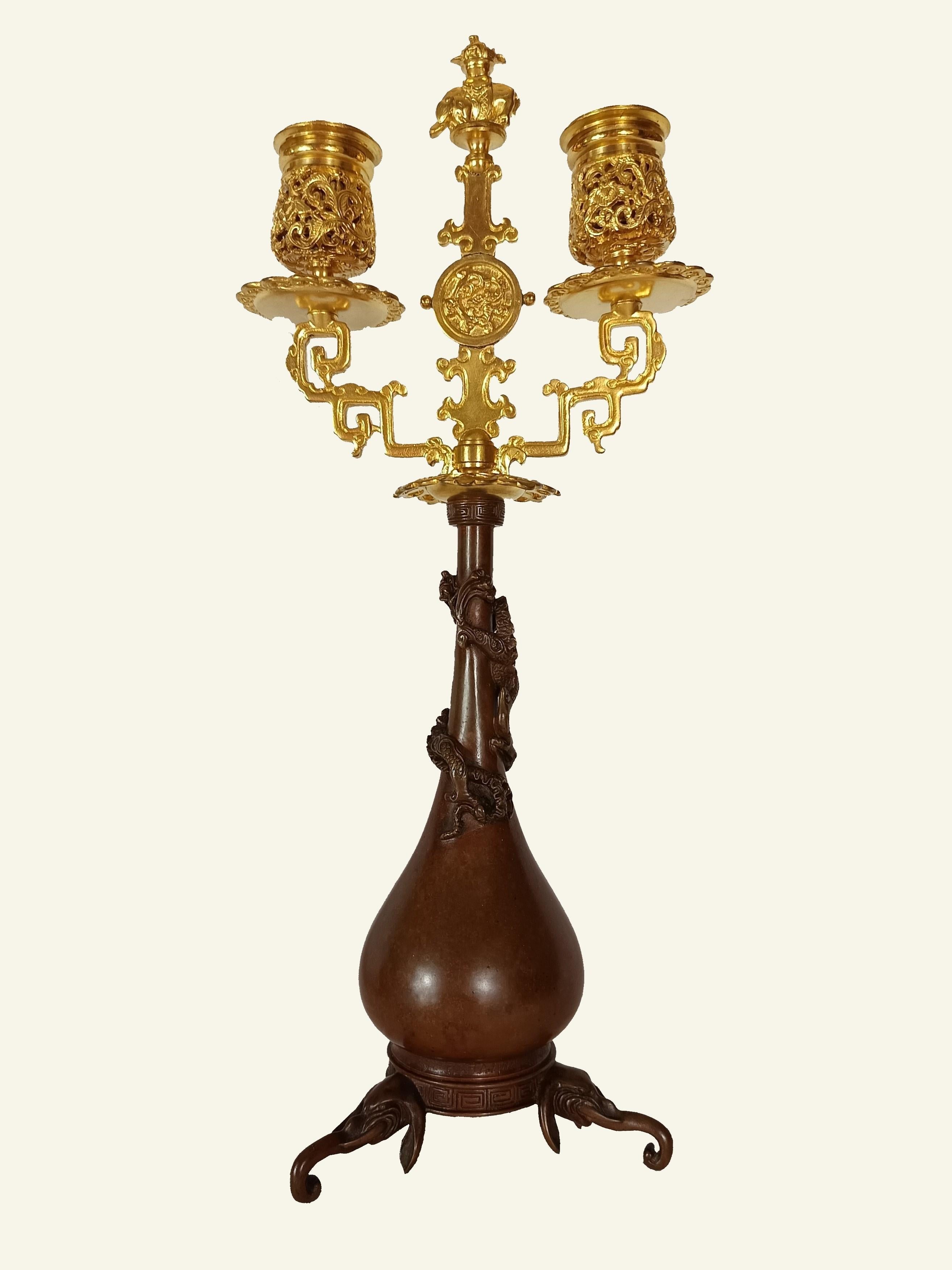 Japonisme Pair of Japanese-style Candlesticks by Ferdinand Barbedienne and Edouard Lievre. For Sale