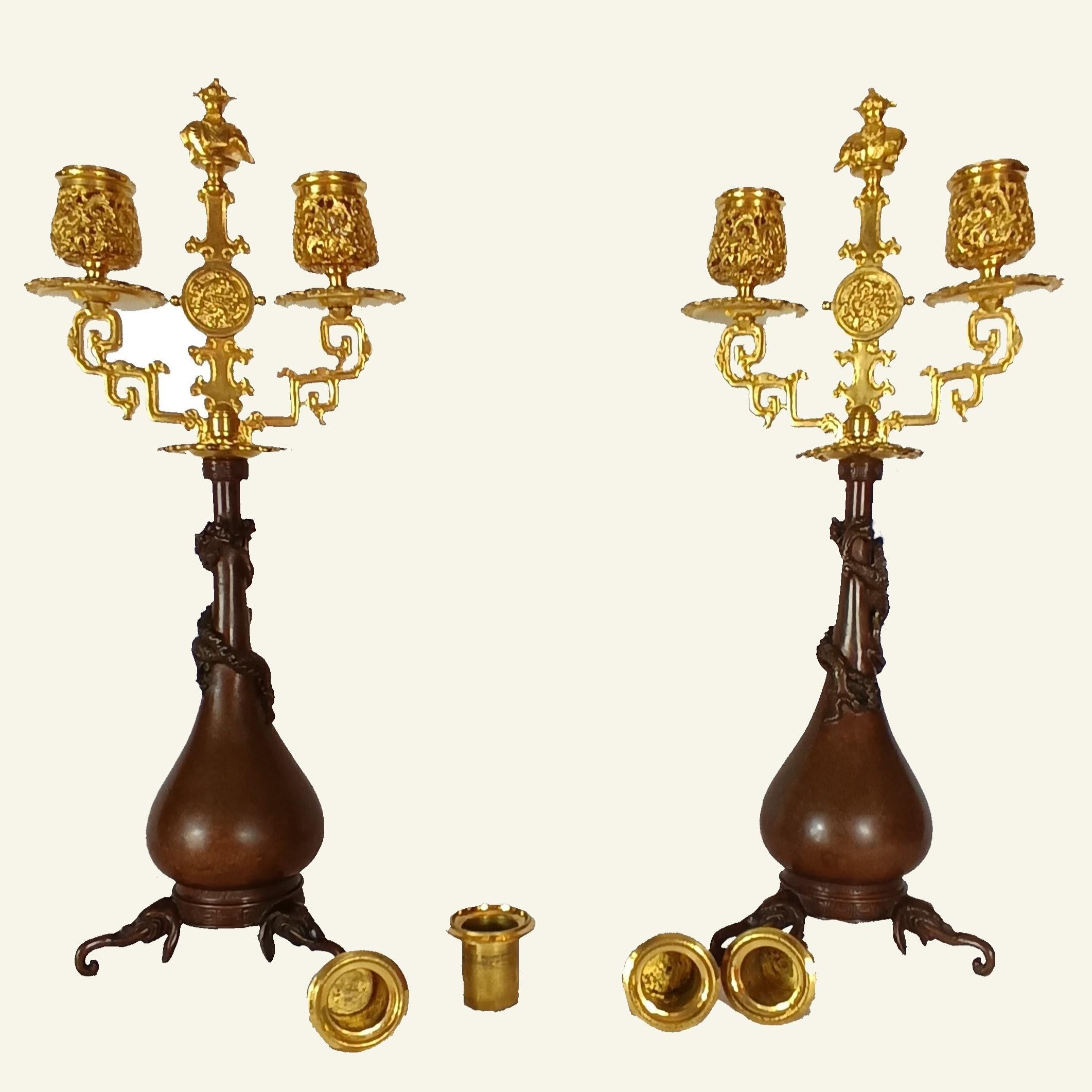 Pair of Japanese-style Candlesticks by Ferdinand Barbedienne and Edouard Lievre. In Good Condition For Sale In MOUGINS, FR