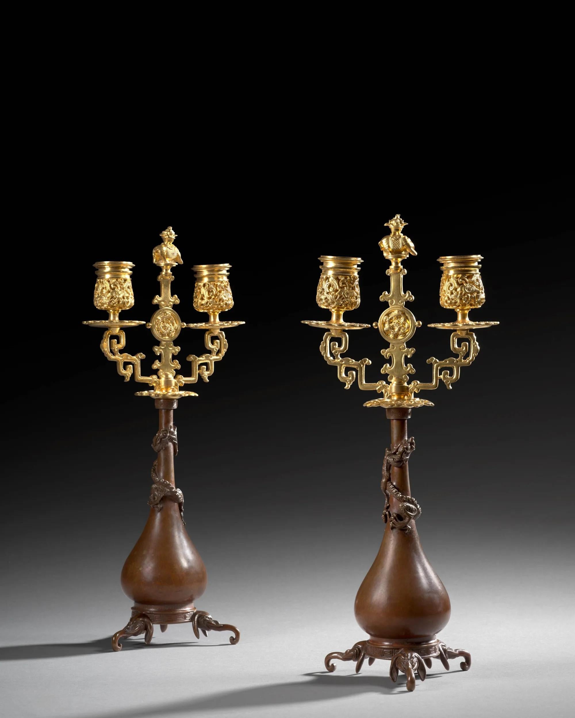 Pair of Japanese-style Candlesticks by Ferdinand Barbedienne and Edouard Lievre. For Sale 1