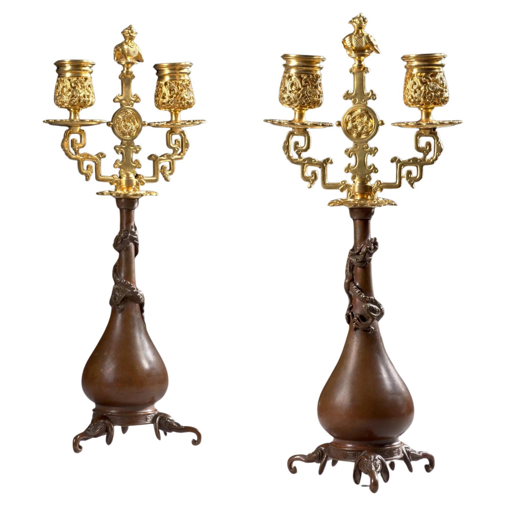 Pair of Japanese-style Candlesticks by Ferdinand Barbedienne and Edouard Lievre. For Sale