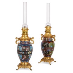 Pair of Japanese Style Gilt Bronze and Cloisonne Enamel Lamps