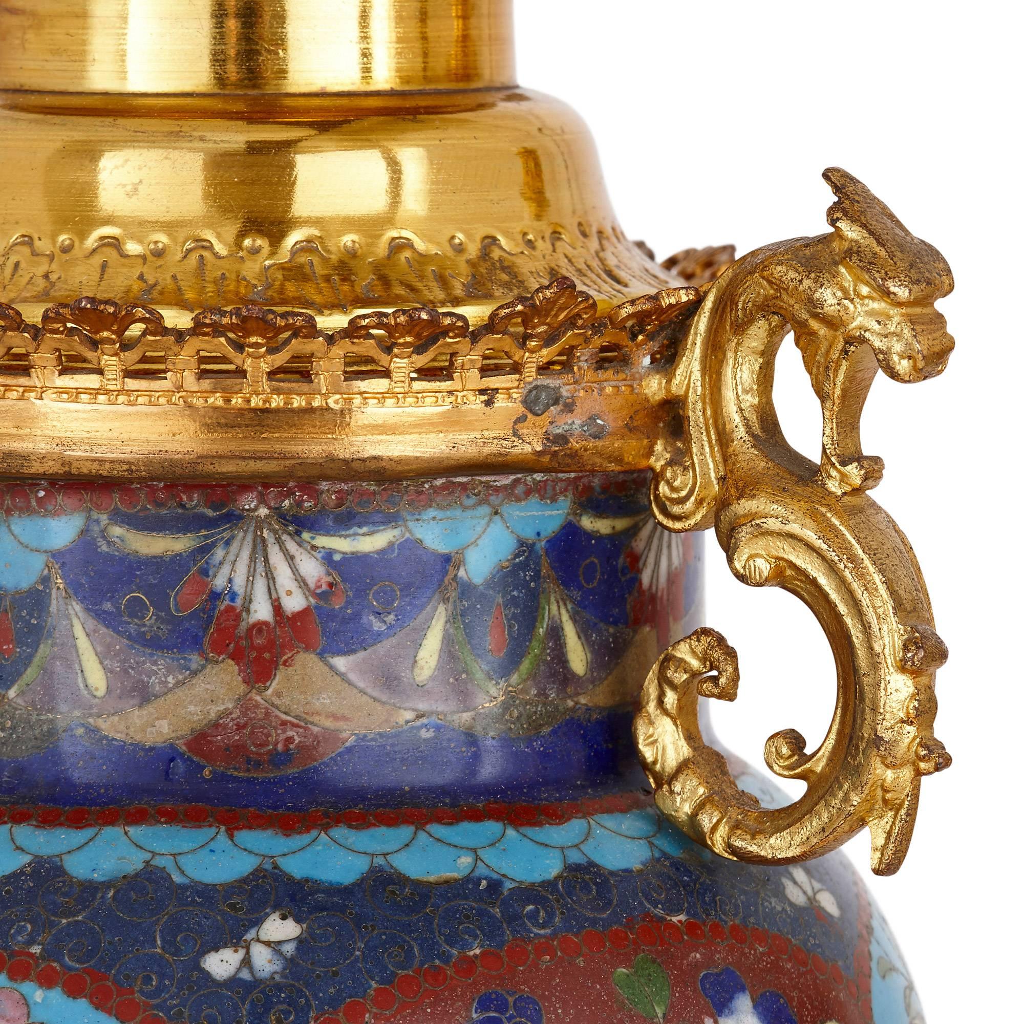 French Pair of Japanese Style Gilt Bronze and Cloisonne Enamel Lamps